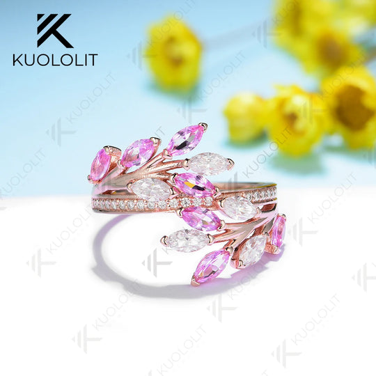 Kuololit 2.5CTW Lab Pink Sapphire and Moissanite Rings for Women Men Solid 18K 14K Silver Rose Gold for Anniversary Engagement