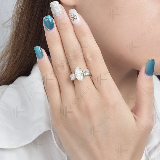 Kuololit 4ct Marquise Moissanite and 2ctw Asscher Cut Moissanite for Women Solid 14K 10K Yellow Gold for Anniversary Engagement