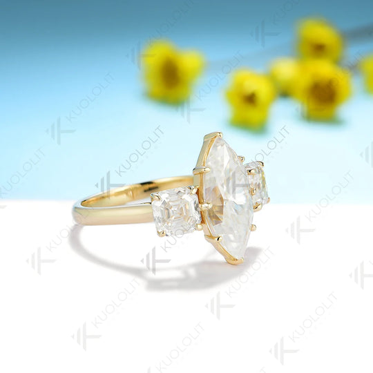 Kuololit 4ct Marquise Moissanite and 2ctw Asscher Cut Moissanite for Women Solid 14K 10K Yellow Gold for Anniversary Engagement
