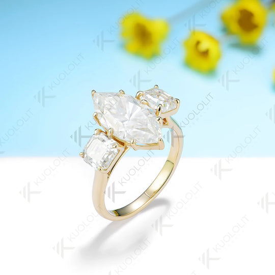 Kuololit 4ct Marquise Moissanite and 2ctw Asscher Cut Moissanite for Women Solid 14K 10K Yellow Gold for Anniversary Engagement