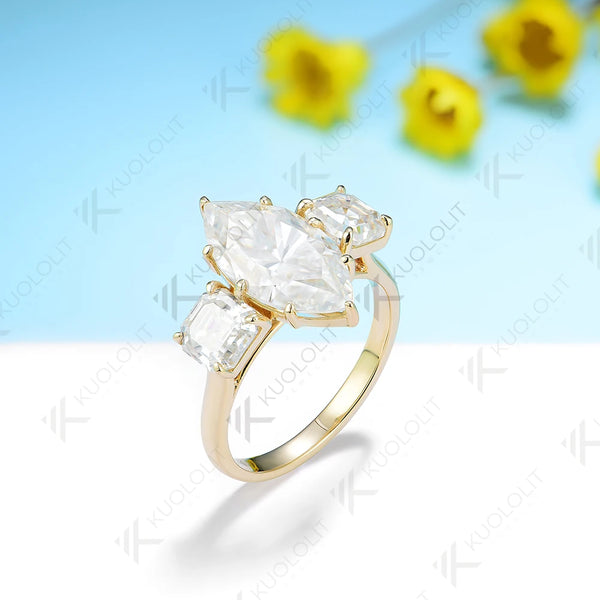 Kuololit 4ct Marquise Moissanite and 2ctw Asscher Cut Moissanite for Women Solid 14K 10K Yellow Gold for Anniversary Engagement