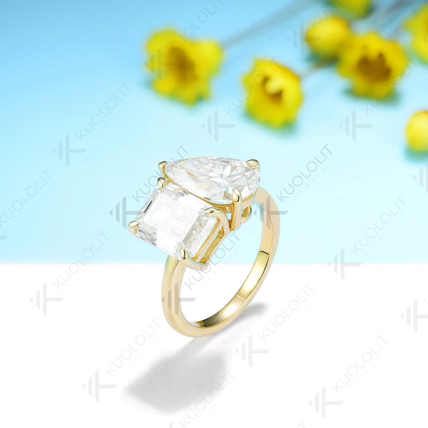 Kuololit 6CTW Moissanite Rings for Women PT950 Solid 14K 10K 585 Yellow Gold Pear and Emerald for Engagement Wedding Christmas