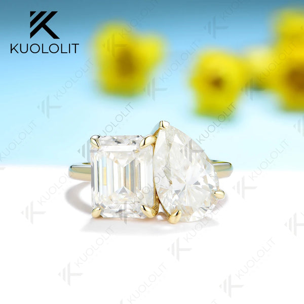 Kuololit 6CTW Moissanite Rings for Women PT950 Solid 14K 10K 585 Yellow Gold Pear and Emerald for Engagement Wedding Christmas