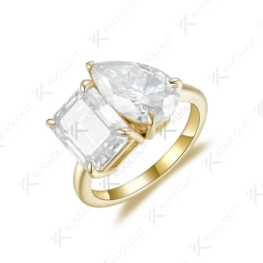 Kuololit 6CTW Moissanite Rings for Women PT950 Solid 14K 10K 585 Yellow Gold Pear and Emerald for Engagement Wedding Christmas