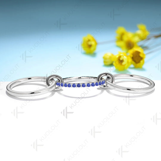 Kuololit Lab Grown Blue Sapphire Band for Women Men Solid 585 14K 10K Silver White Gold 3 Rings Connect for Christmas Engagement