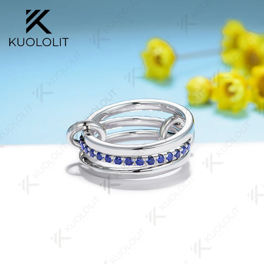 Kuololit Lab Grown Blue Sapphire Band for Women Men Solid 585 14K 10K Silver White Gold 3 Rings Connect for Christmas Engagement