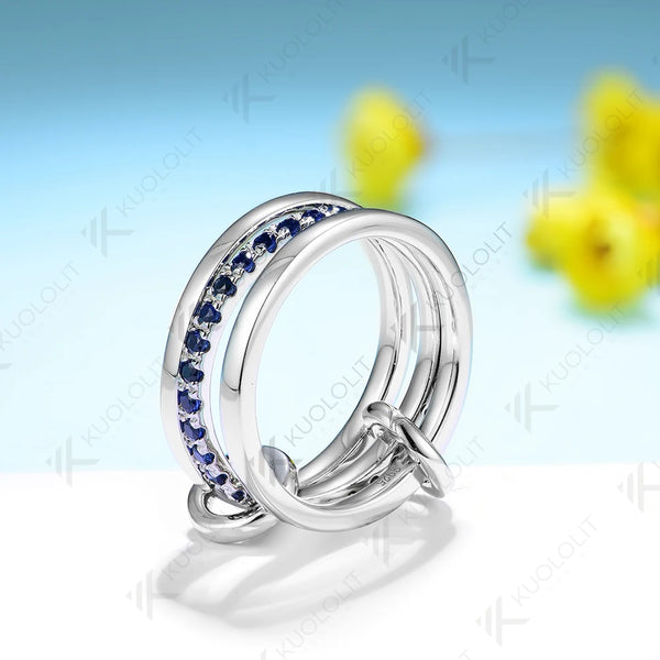 Kuololit Lab Grown Blue Sapphire Band for Women Men Solid 585 14K 10K Silver White Gold 3 Rings Connect for Christmas Engagement
