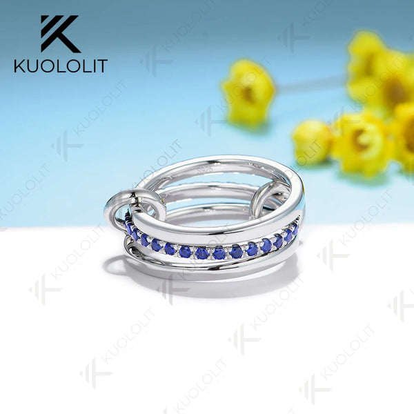Kuololit Lab Grown Blue Sapphire Band for Women Men Solid 585 14K 10K Silver White Gold 3 Rings Connect for Christmas Engagement