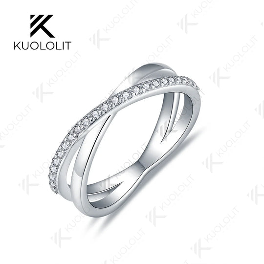 Kuololit Lab Grown Diamond Cross Band for Women Solid 14K 10K 585 925 Silver White Gold Wedding Rings for Engagement Christmas