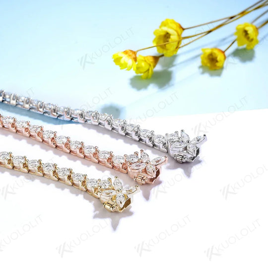 Kuololit Lab Grown Diamond Flower Tennis Bracelet  for Women Solid 14K 10K Gold Marquise Diamond Bracelet for Christmas Gifts