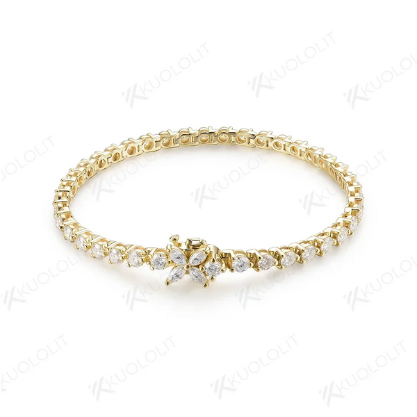 Kuololit Lab Grown Diamond Flower Tennis Bracelet  for Women Solid 14K 10K Gold Marquise Diamond Bracelet for Christmas Gifts