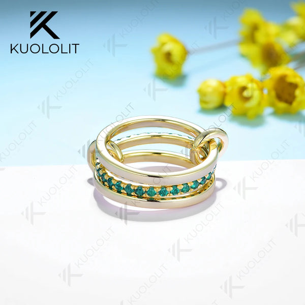 Kuololit Lab Grown Emerald Band Ring for Women Men Solid 585 14K 10K Silver Yellow Gold 3 Rings Connect for Christmas Engagement