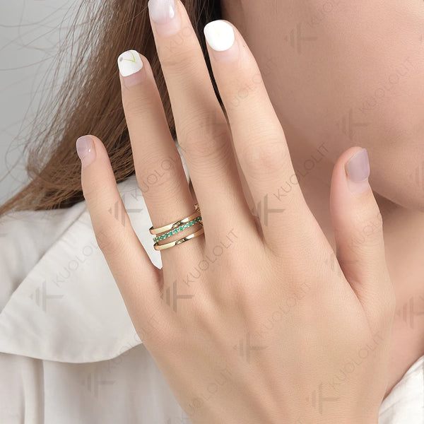 Kuololit Lab Grown Emerald Band Ring for Women Men Solid 585 14K 10K Silver Yellow Gold 3 Rings Connect for Christmas Engagement