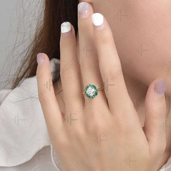 Kuololit Lab Grown Emerlald and Moissanite Rings for Women Solid 14K 10K 585 Silver Yellow Gold for Engagement Wedding Christmas