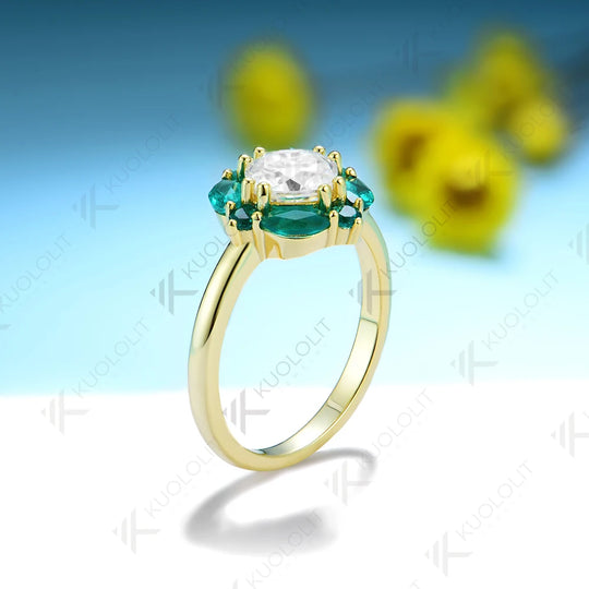 Kuololit Lab Grown Emerlald and Moissanite Rings for Women Solid 14K 10K 585 Silver Yellow Gold for Engagement Wedding Christmas