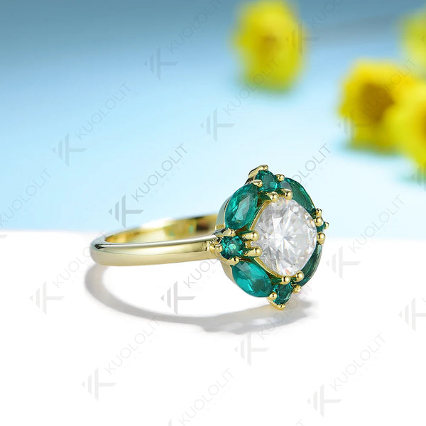 Kuololit Lab Grown Emerlald and Moissanite Rings for Women Solid 14K 10K 585 Silver Yellow Gold for Engagement Wedding Christmas