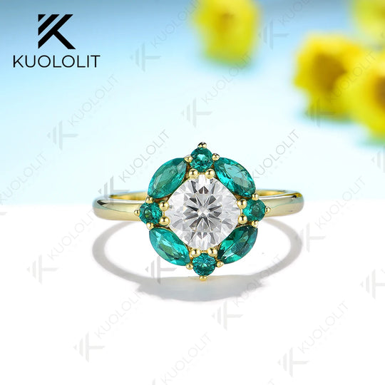 Kuololit Lab Grown Emerlald and Moissanite Rings for Women Solid 14K 10K 585 Silver Yellow Gold for Engagement Wedding Christmas