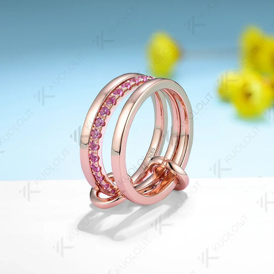 Kuololit Lab Grown Pink Sapphire Moissanite Band Ring for Women Men Solid 14K 10K Silver Rose Gold 3 Rings Connect for Christmas