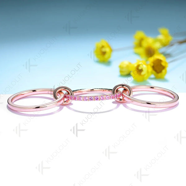 Kuololit Lab Grown Pink Sapphire Moissanite Band Ring for Women Men Solid 14K 10K Silver Rose Gold 3 Rings Connect for Christmas