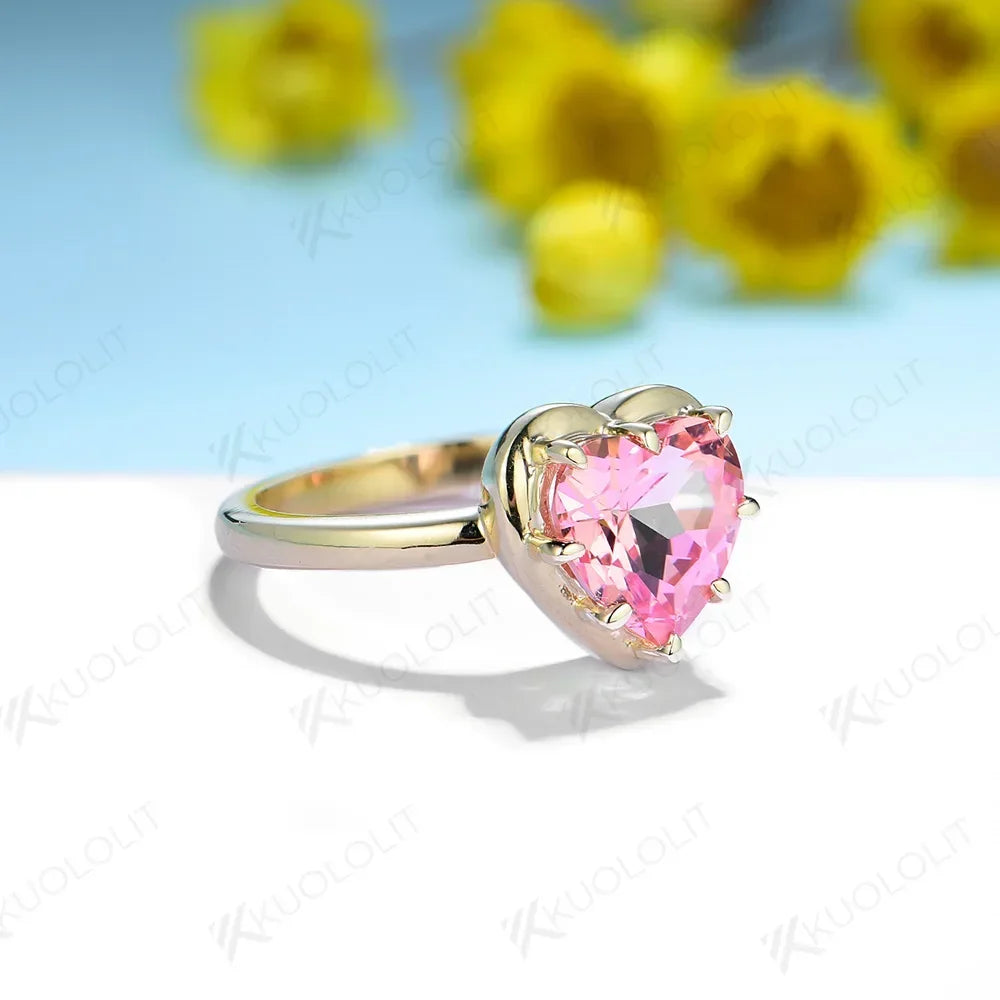 Kuololit  Lab Padparadscha Natural Garnet GemstoneRings for Women Solid 14K 10K 585 Yellow Gold for Engagement Wedding Christmas