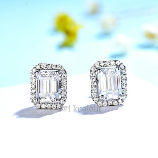 Kuololit Solid 18K14K Gold Emerald Cut Moissanite Stud Earrings for Women 2ct D VVS Solitaire Diamond Earrings for Party Gifts