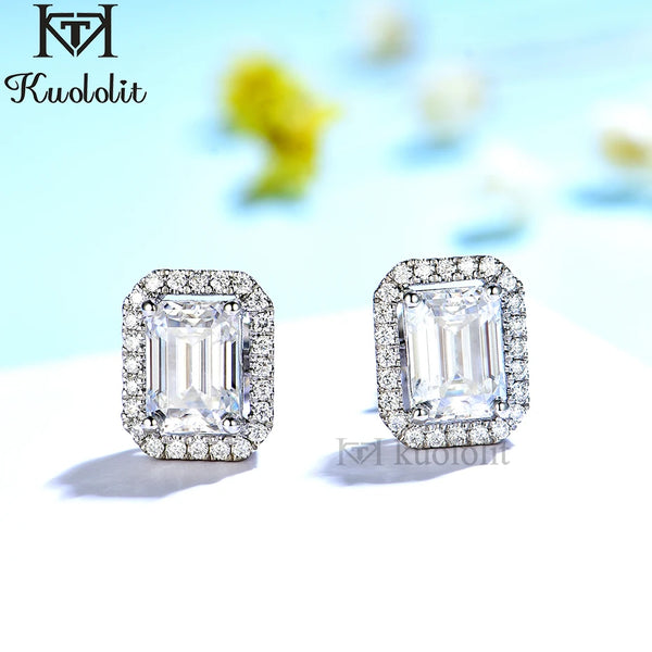 Kuololit Solid 18K14K Gold Emerald Cut Moissanite Stud Earrings for Women 2ct D VVS Solitaire Diamond Earrings for Party Gifts