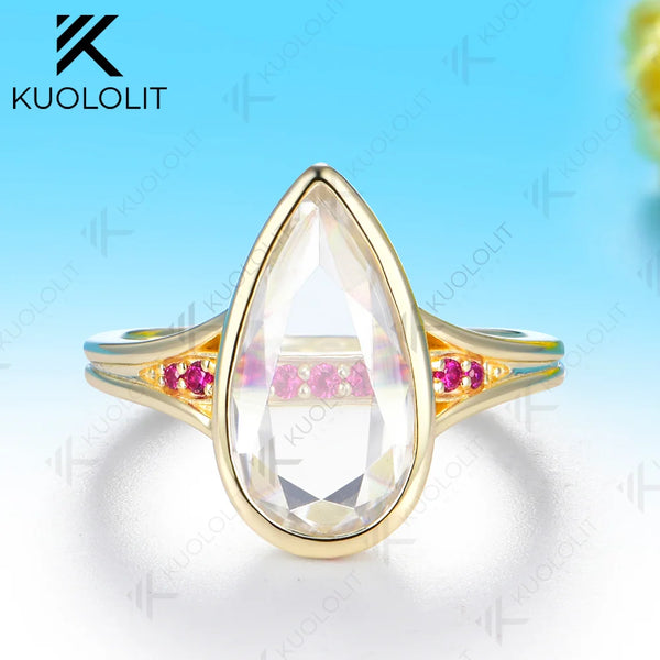 Kuololit 4CT Unique Portrait Pear Cut Moissanite Ruby or Sapphire RCustom Ring for Women Solid 14K 10K Yellow Gold for Engagement Christmas
