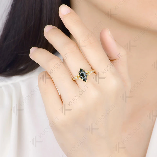 Kuololit 2CT Grey Moissanite Custom Ring for Women Solid 14K 10K 585 Yellow Gold Marquise Cut for Christmas Gifts Engagement