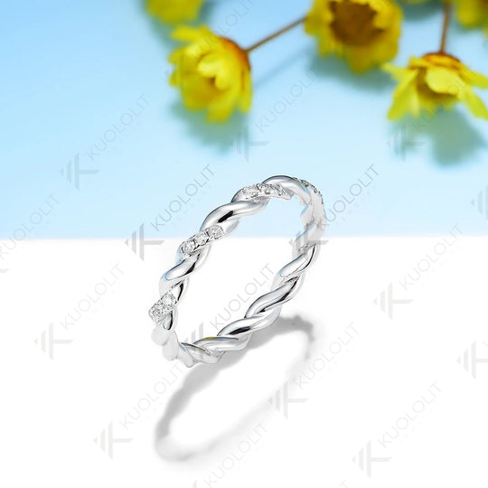 Kuololit 0.08CTW Moissanite Twist Band for Men Women Solid 18K 14K 10K Gold Ring for Anniversary Engagement Gifts Christmas
