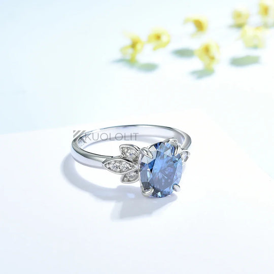 Kuololit  2CT Oval Dark Blue Moissanite Engagement Ring for Women Solid 14K 10K White Gold