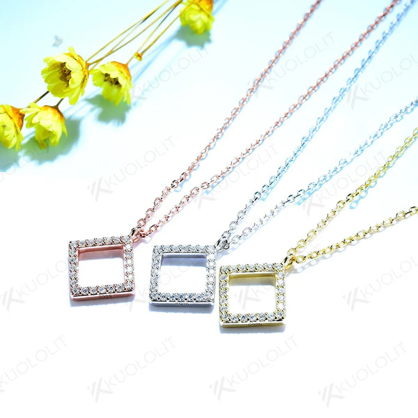 Kuololit Moissanite Necklaces for Women 925 Silver Sterling White Gold Square Shape Pendant with Chain for Party Classic Gifts