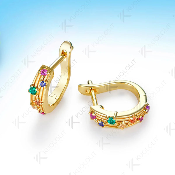 Kuololit Lab Grown Coloful Rainbow Gemstones Custom Earrings for Women Solid 14K 10K 585 Yellow Gold for Christmas Gifts Party