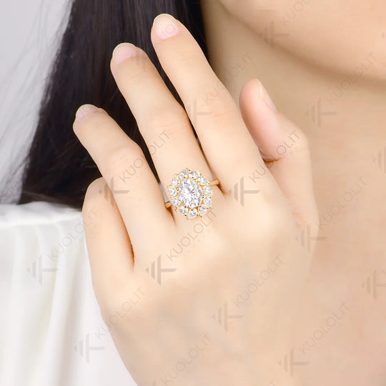 Kuololit 3CT Oval Moissanite Custom Ring for Women Solid 14K 10K 585 Yellow Gold for Christmas Engagement Anniversary Gift Party