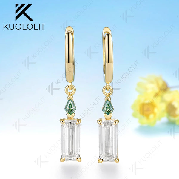 Kuololit 3.8CTW Emerald Cut Moissanite  Earrings for Women Solid 14K 10K Yellow Gold Cyan Earrings for Christmas Gifts Party