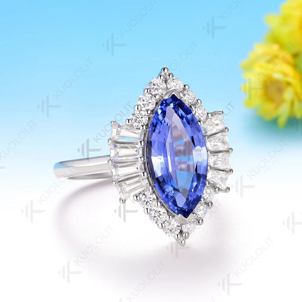 Kuololit 3.5CT Marquise Lab Grown Blue Sapphire Custom Ring for Women Solid 14K 10K 585 White Gold for Christmas Gifts Party