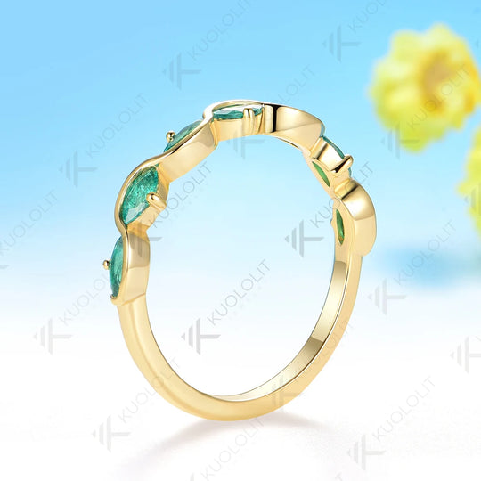 Kuololit 0.7CTW Lab Grown Eemrald Ring for Women Solid 14K 10K 585 Yellow Gold  Eternity Half Band for Christmas Gifts Party
