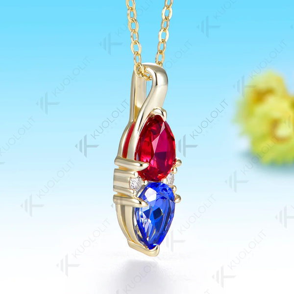 Kuololit 2.5CTW Lab Grown Ruby Sapphire Custom Necklace for Women Solid 585 14K 10K Yellow Gold Necklace for Christmas Gifts