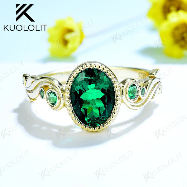 Kuololit Lab Grown Colombia Emerald Rings for Women Men Solid 585 10K Yellow Gold Oval Cut Rings for Wedding Engagement Classic