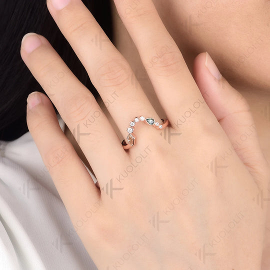 Kuololit 0.7CTW Champagne Cyan Moissanite V Ring for Women Soild 10K 14K Rose Gold Pear Cut Wedding Band for Christmas Gift