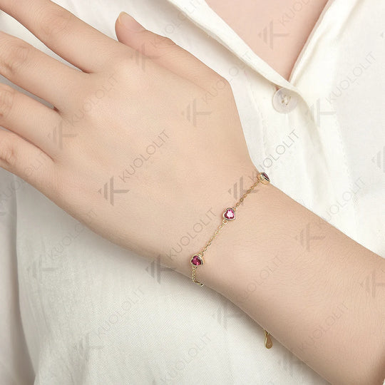 Kuololit 1.5CTW Lab Grown Ruby Bracelet for Women Solid 18K 14K 10K 585 Yellow Gold  Heart Cut Bracelet for Christmas Gifts