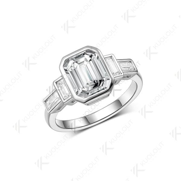 Kuololit 3CT Emerald Cut Cyan Moissanite Engagement Ring for Women Solid 14K 10K 585 Yeollw Gold Ring for Christmas Gifts Engagement