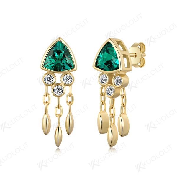 Kuololit 2.4CTW Lab Grown Emerald Jellyfish Stud Earrings for Women Solid 14K 10K 585 Gold Moissanite Earrings for Christmas
