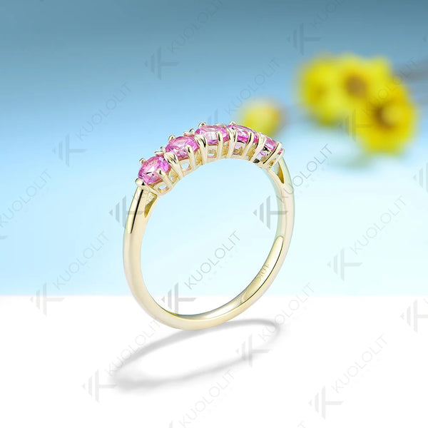 Kuololit Lab Grown Pink Sapphire Band for Women Solid 18K 14K 10K Gold  Ring for Engagement Anniversary Christmas Gifts Classic