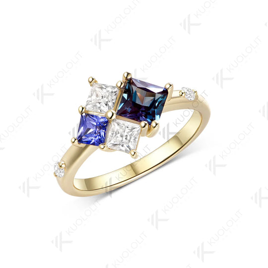 Kuololit Lab Grown Alexandrite Sapphire Moissanite Custom Ring for Women Solid 14K 10K 585 Yellow Gold for Christmas Gifts