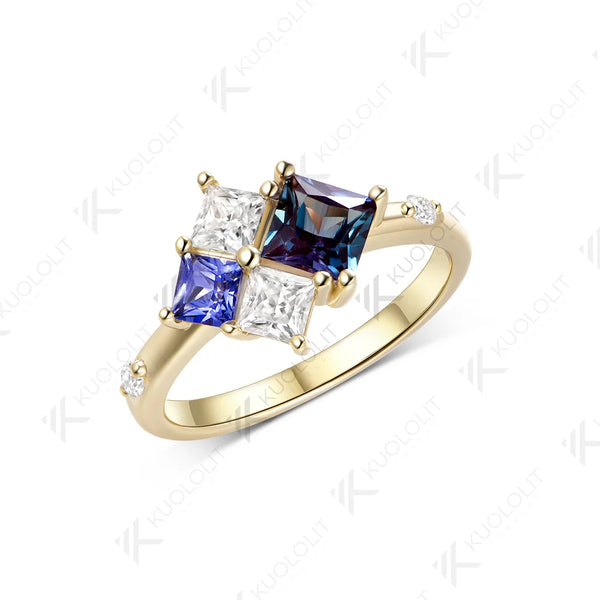 Kuololit Lab Grown Alexandrite Sapphire Moissanite Custom Ring for Women Solid 14K 10K 585 Yellow Gold for Christmas Gifts
