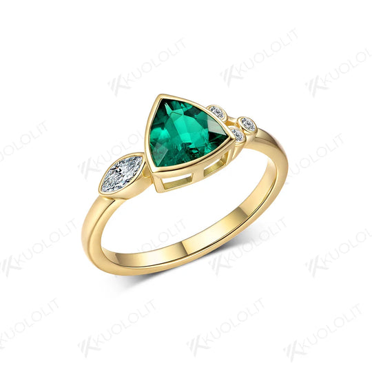 Kuololit 1.2CT Lab Grown Emerald Jellyfish Ring for Women Solid 18K 14K 10K 585 Yellow Gold Moissanite Ring for Christmas Gifts