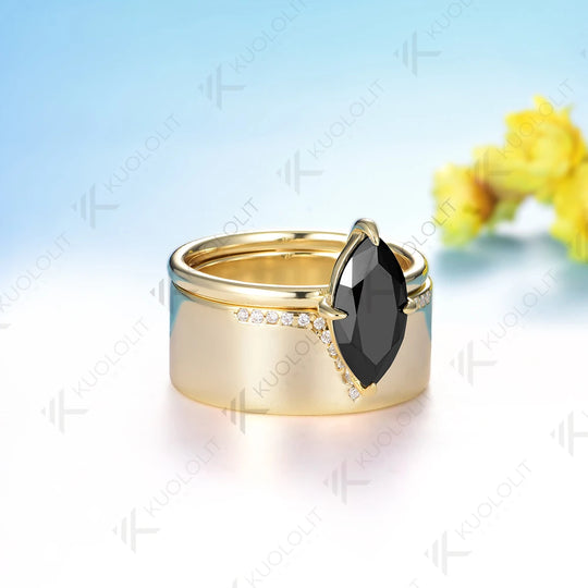 Kuololit 2CT Marquise Cut Black Moissanite Engagement Set Ring for Women Solid 18K 14K 585 Yellow Gold Bands Ring for Christmas