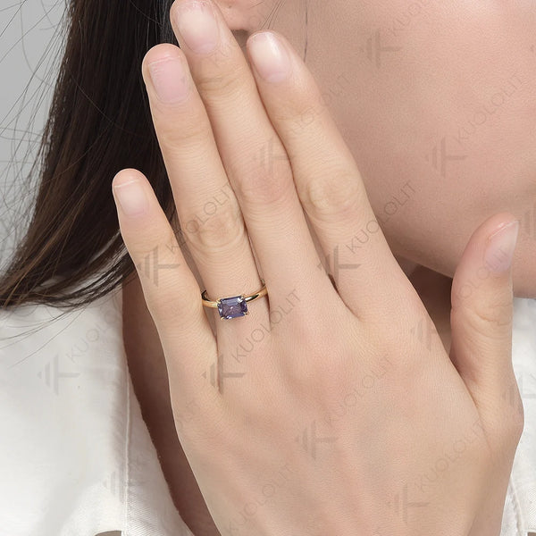 Kuololit 2CT Emerald Cut Lab Grown Alexandrite Gemstone Rings for Women Men Solid 18K14K10K YellowGold for Party Christmas Gifts