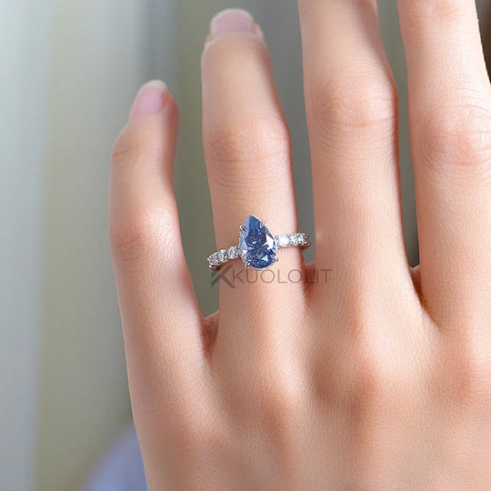 Kuololit 3CT Blue Moissanite Ring for Women Solid 18K White Gold Origanal Blue Color Pear Cut E W Ring for Engagement Christmas