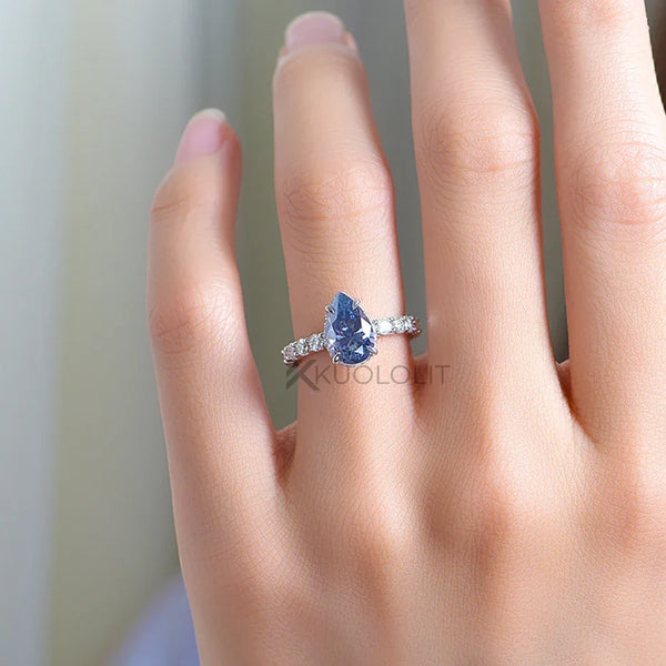 Kuololit 3CT Blue Moissanite Ring for Women Solid 18K White Gold Origanal Blue Color Pear Cut E W Ring for Engagement Christmas